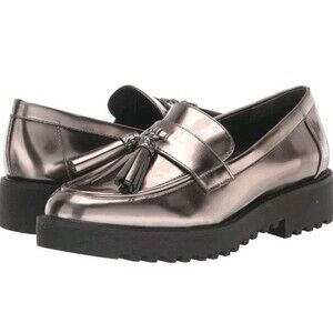 Franco Sarto Sz 5.5 Carolynn Loafers Metallic Pewter Silver w/ Tassels Lugg Sole